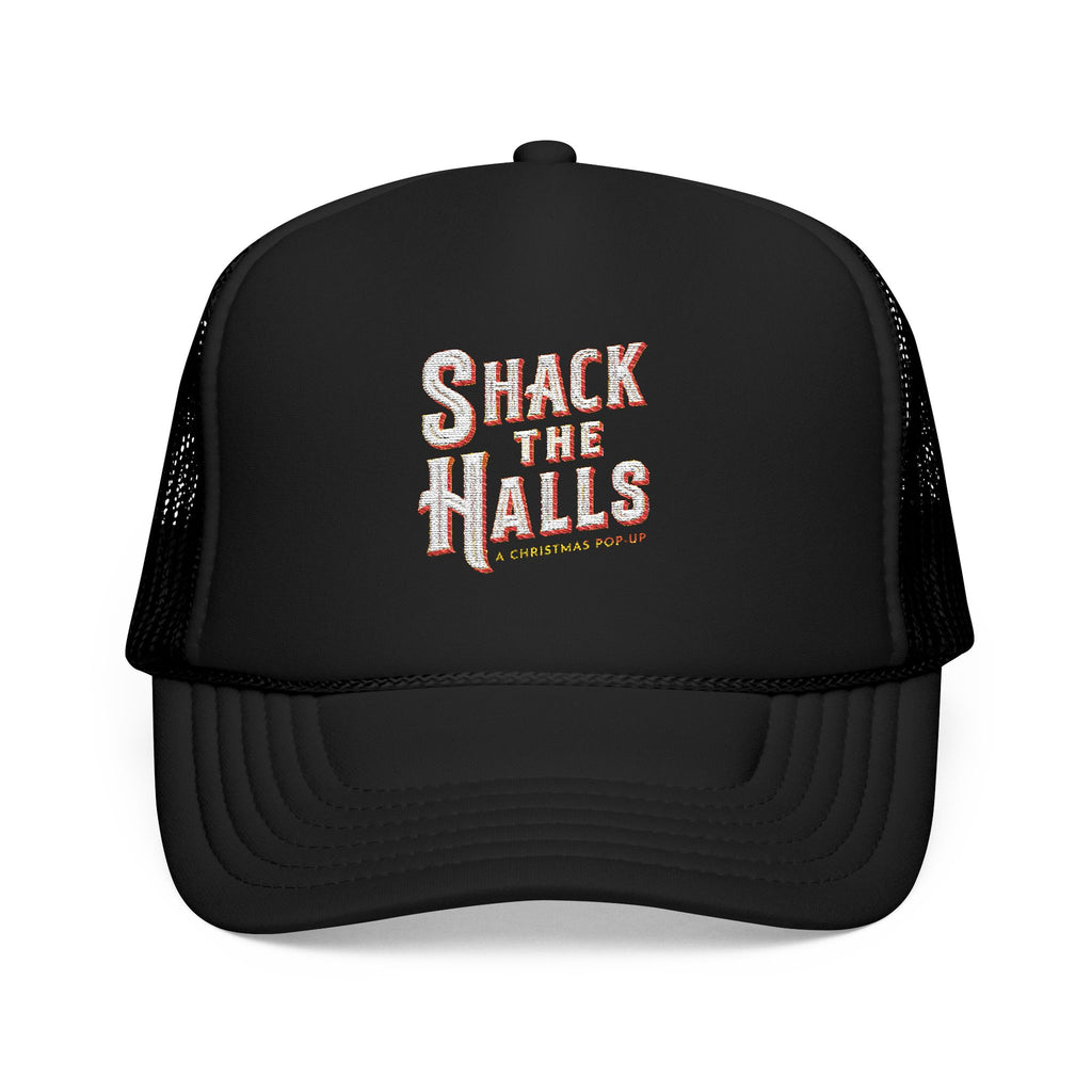 Shack The Halls Foam Trucker Hat, Embroidered Holiday Cap for Parties, Casual Wear, Gifting, Outdoor Fun