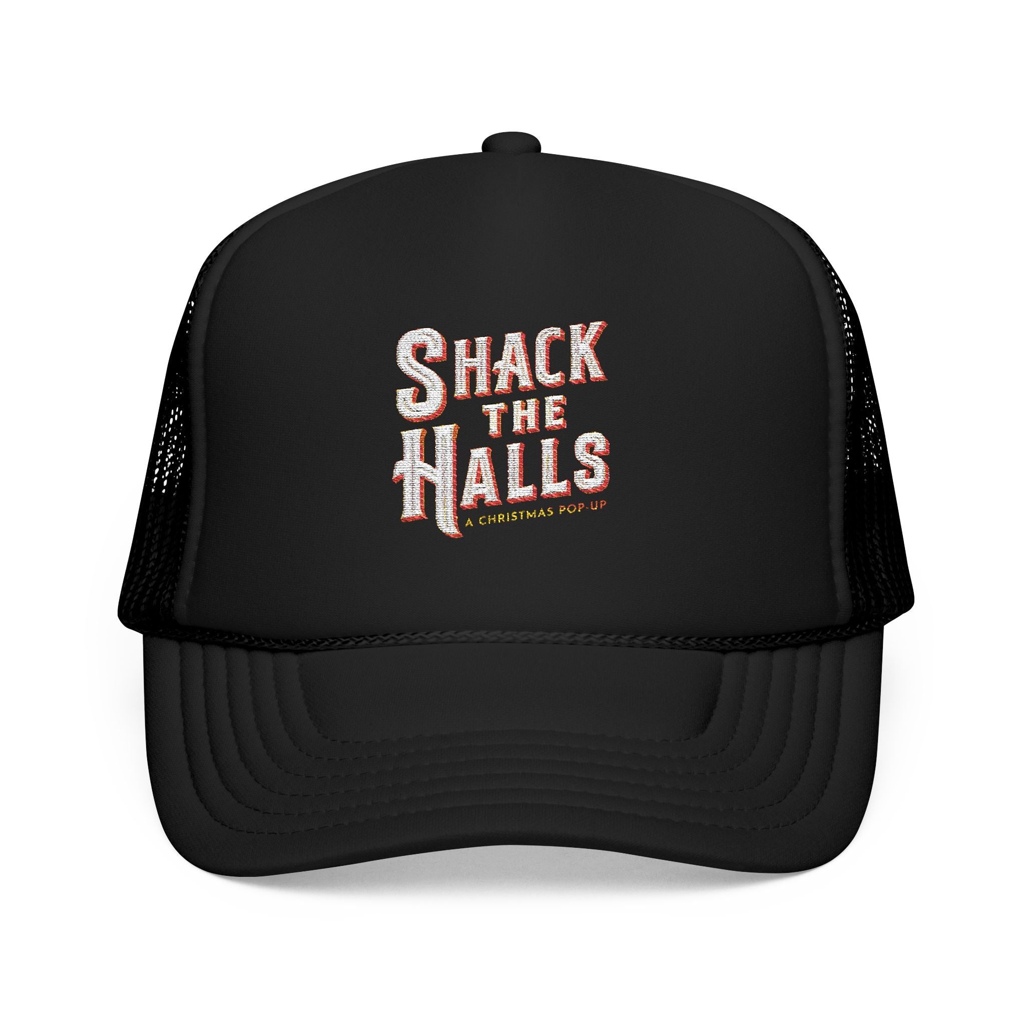 Shack The Halls Foam Trucker Hat, Embroidered Holiday Cap for Parties, Casual Wear, Gifting, Outdoor Fun