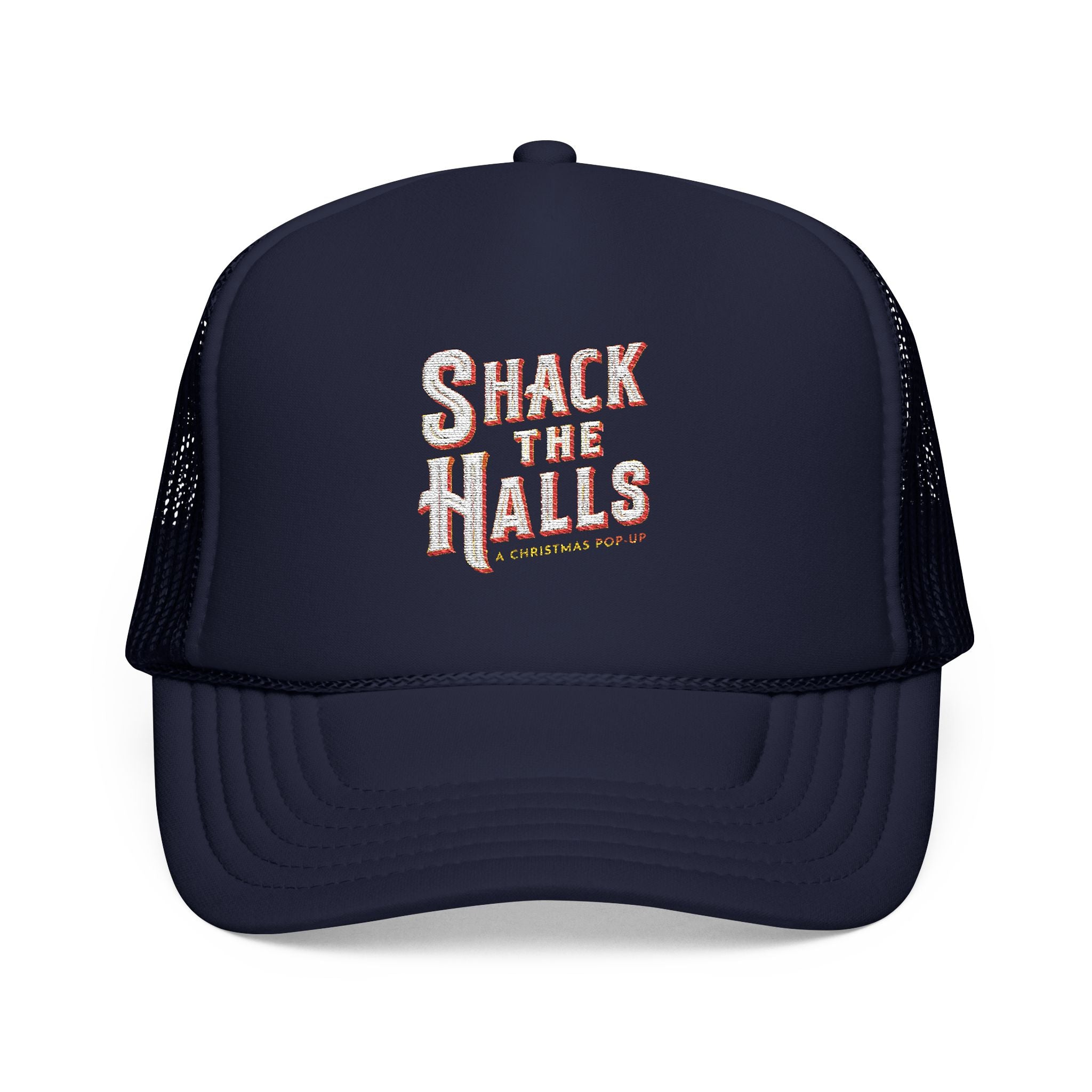 Shack The Halls Foam Trucker Hat, Embroidered Holiday Cap for Parties, Casual Wear, Gifting, Outdoor Fun