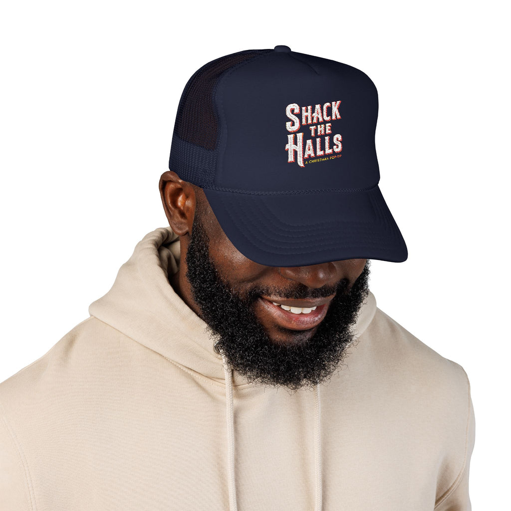 Shack The Halls Foam Trucker Hat, Embroidered Holiday Cap for Parties, Casual Wear, Gifting, Outdoor Fun