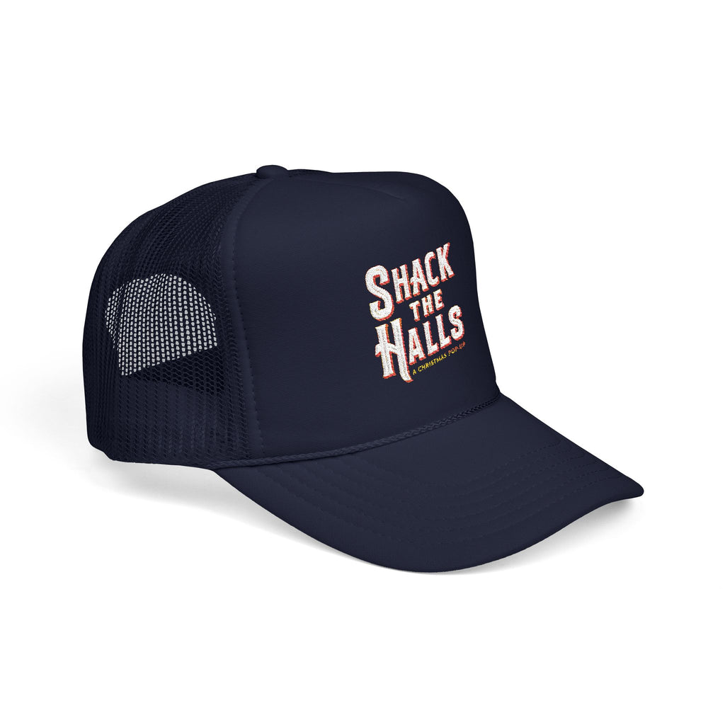 Shack The Halls Foam Trucker Hat, Embroidered Holiday Cap for Parties, Casual Wear, Gifting, Outdoor Fun