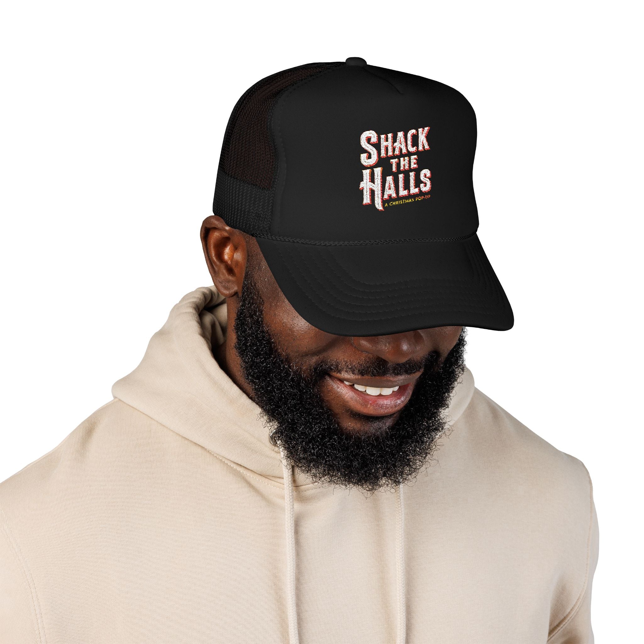 Shack The Halls Foam Trucker Hat, Embroidered Holiday Cap for Parties, Casual Wear, Gifting, Outdoor Fun