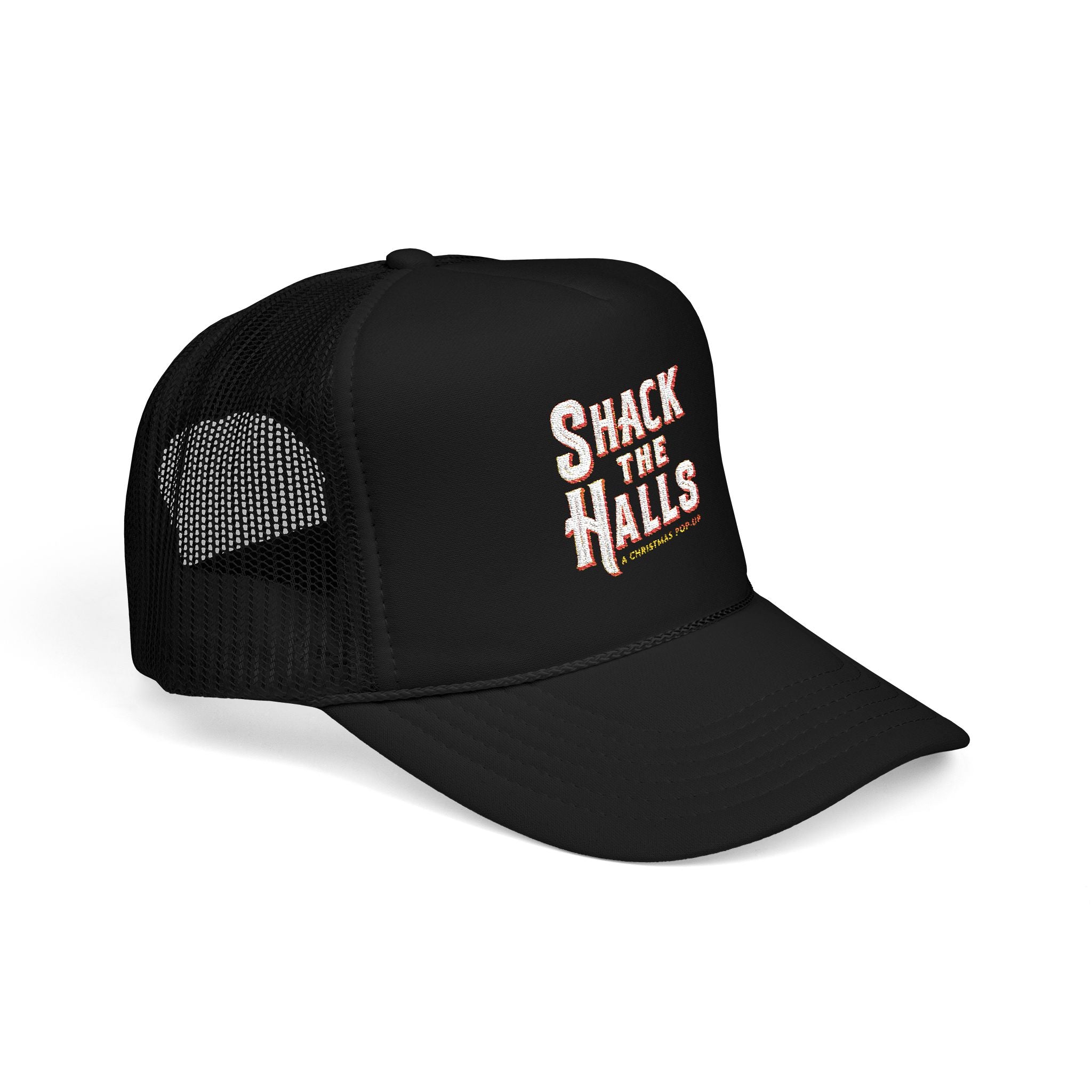 Shack The Halls Foam Trucker Hat, Embroidered Holiday Cap for Parties, Casual Wear, Gifting, Outdoor Fun